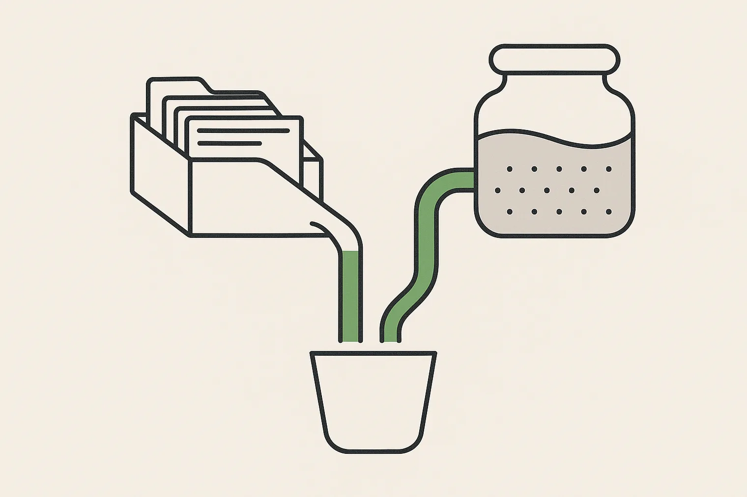 Two vessels feed one cup: an open card file whose documents are drawn out at the moment of asking, and a sealed jar whose contents settled long before and cannot be added to.
